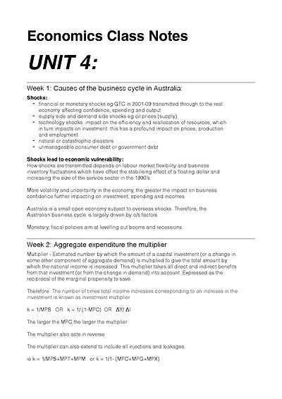 Cover page of ECONOMICS UNIT 3 & 4 class notes - 92% STUDENT